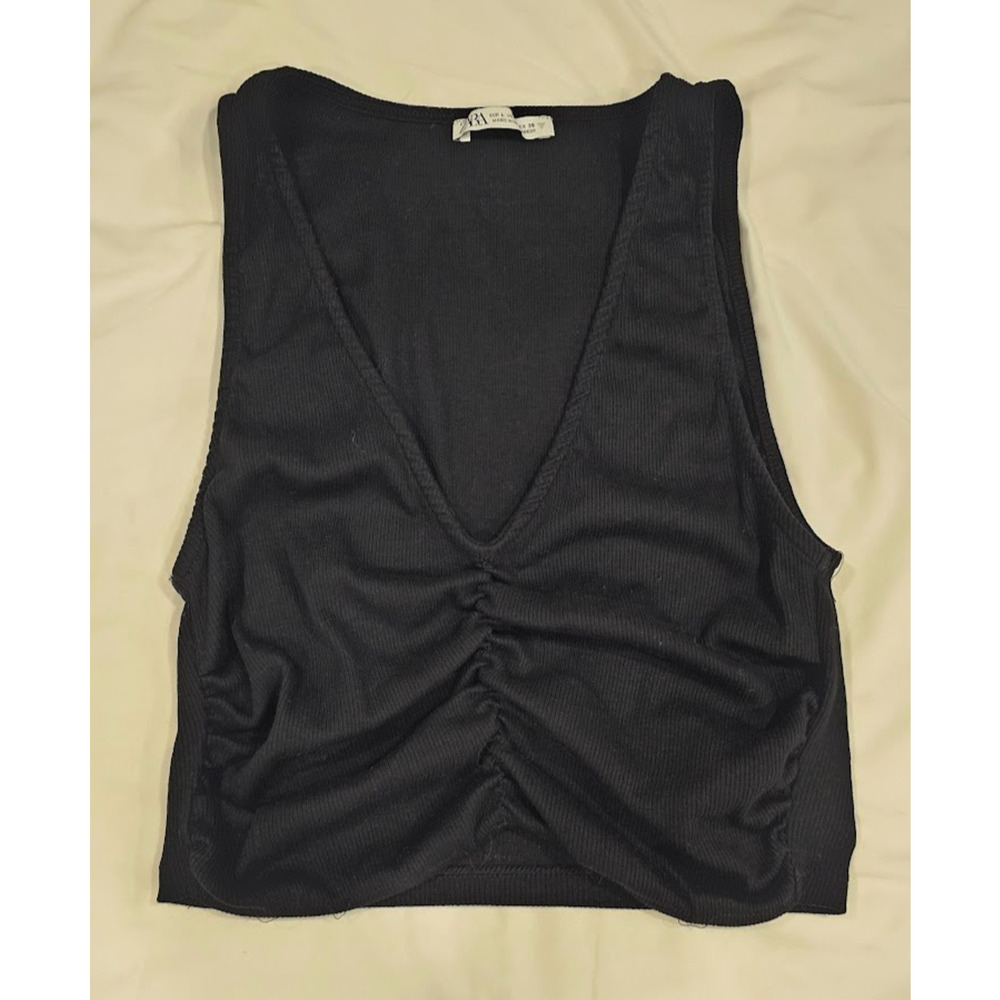 Zara Ribbed Ruched V Neck Crop Top Black Short Sleeve Women's LARGE stretchy